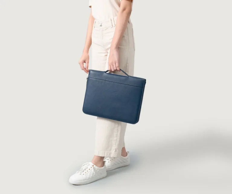 The Eclectic Midnight Blue Leather Folio Organizer Luxury Handcrafted Leather Bag — Scale & Carrying Perspective Presentation