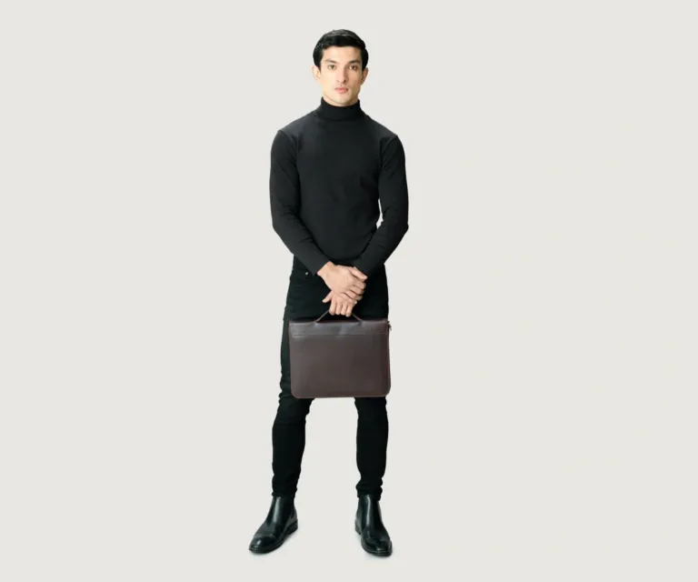 The Eclectic Vintage Brown Leather Folio Organizer Luxury Handcrafted Leather Bag — Three-Quarter Perspective & Silhouette