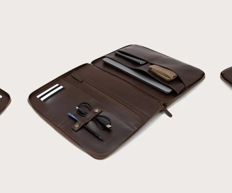 The Eclectic Vintage Brown Leather Folio Organizer Luxury Handcrafted Leather Bag — Rear Profile & Trolley Strap Reinforcement