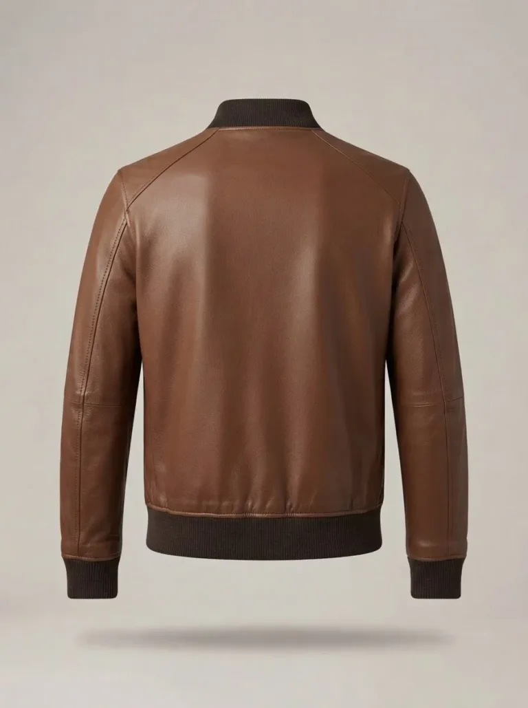 Harlan brown leather bomber jacket, back view