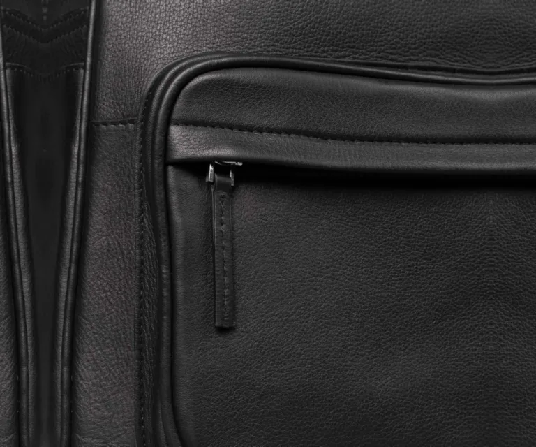 The Philos Black Leather Backpack — Quarter Angle Profile Detail