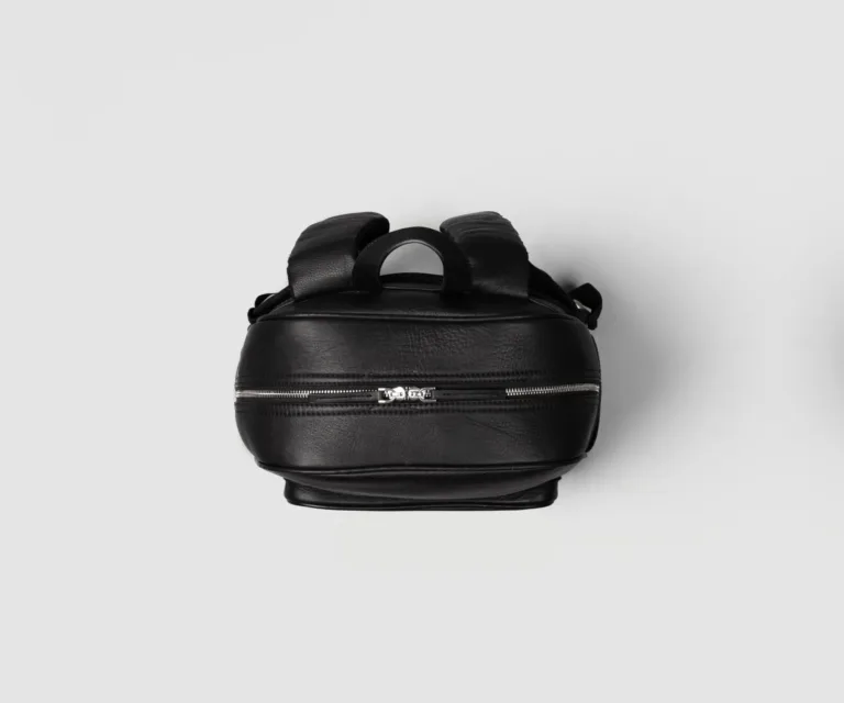 The Philos Black Leather Backpack — Macro Detail Grain, Stitching & Hardware