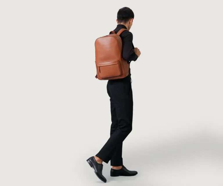 The Philos Brown Leather Backpack — Quarter Angle Perspective