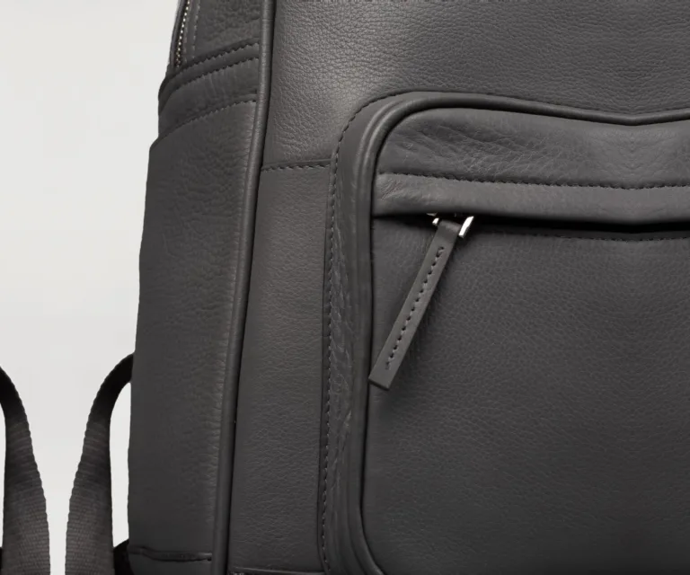 The Philos Grey Leather Backpack — Rear Profile View