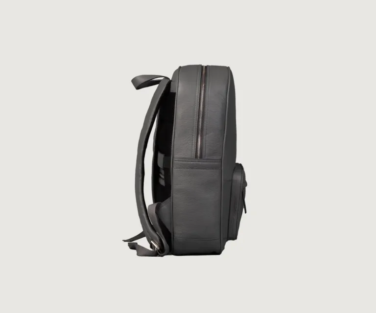 The Philos Grey Leather Backpack — Hardware & Texture Macro