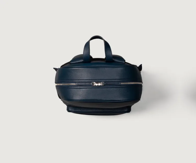 The Philos Midnight Blue Leather Backpack Luxury Handcrafted Leather Bag — Rear Profile & Trolley Strap Reinforcement