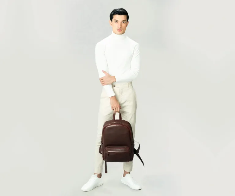 The Philos Vintage Brown Leather Backpack Luxury Handcrafted Leather Bag — Three-Quarter Perspective & Silhouette