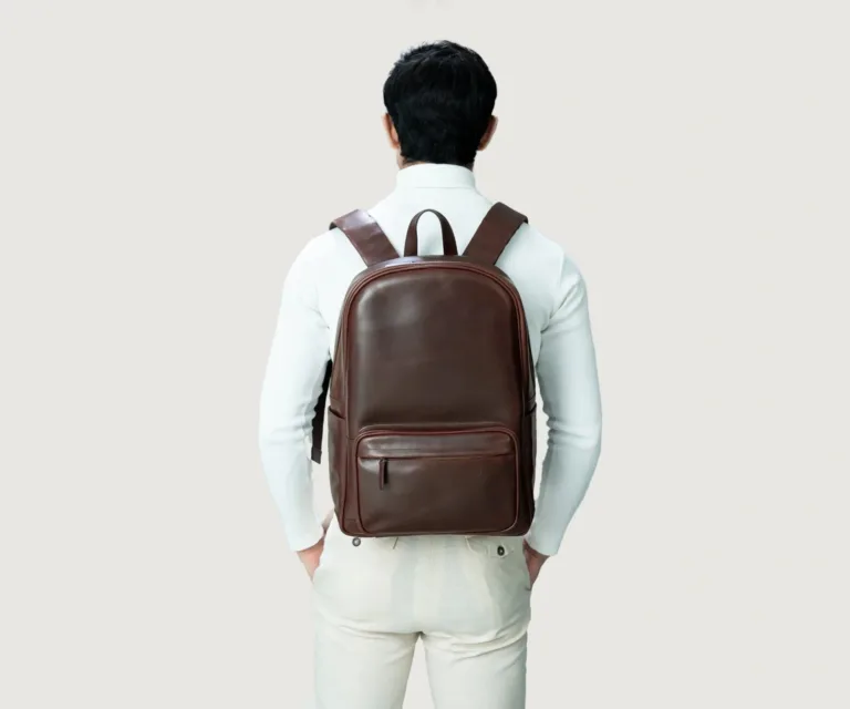 The Philos Vintage Brown Leather Backpack Luxury Handcrafted Leather Bag — Scale & Carrying Perspective Presentation