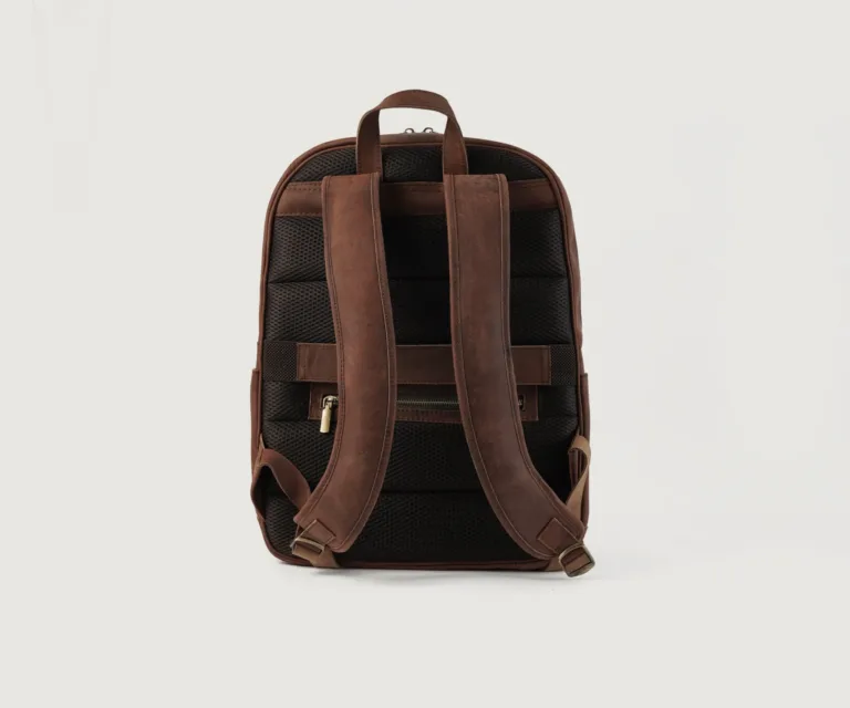 The Philos Vintage Distressed Brown Leather Backpack Luxury Handcrafted Leather Bag — Rear Profile & Trolley Strap Reinforcement