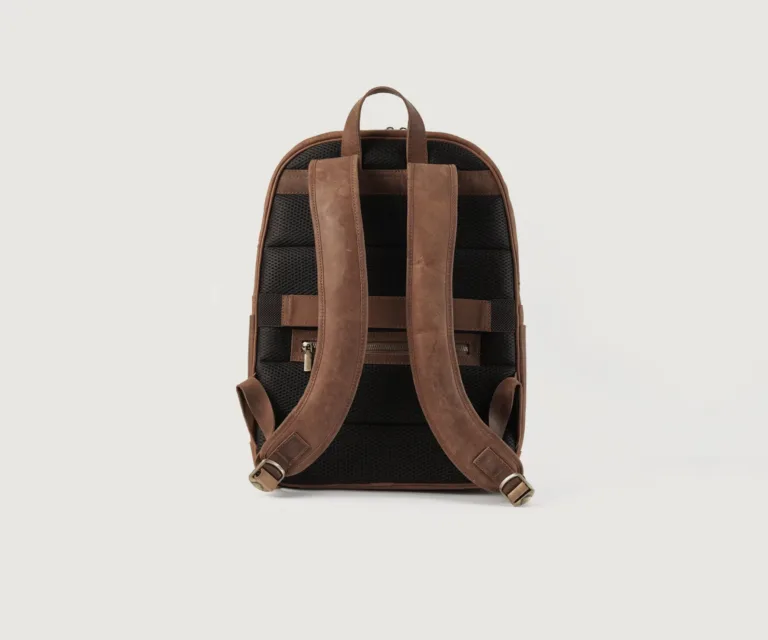 The Philos Vintage Tan Leather Backpack Luxury Handcrafted Leather Bag — Rear Profile & Trolley Strap Reinforcement
