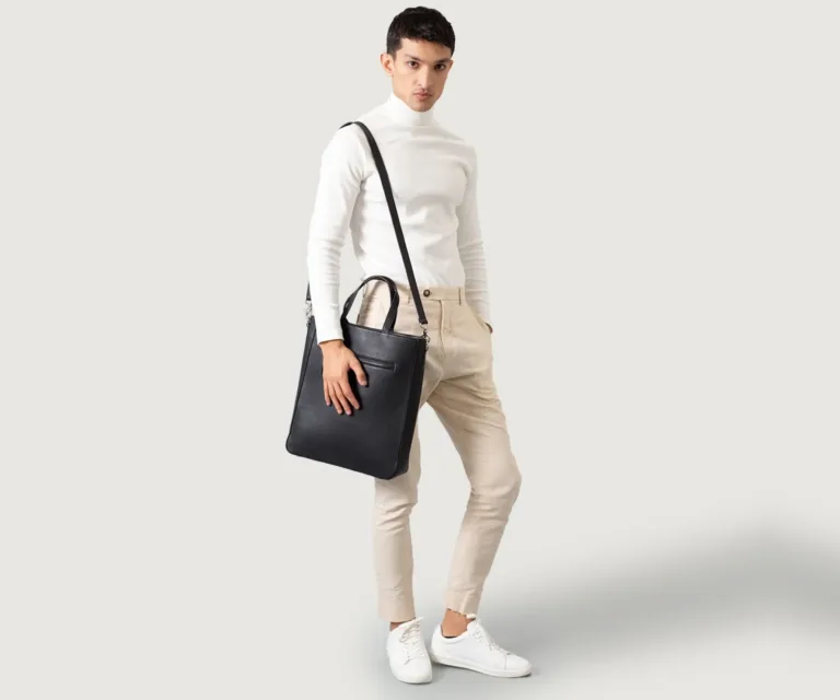 The Poet Black Leather Tote Bag — Quarter Angle Perspective
