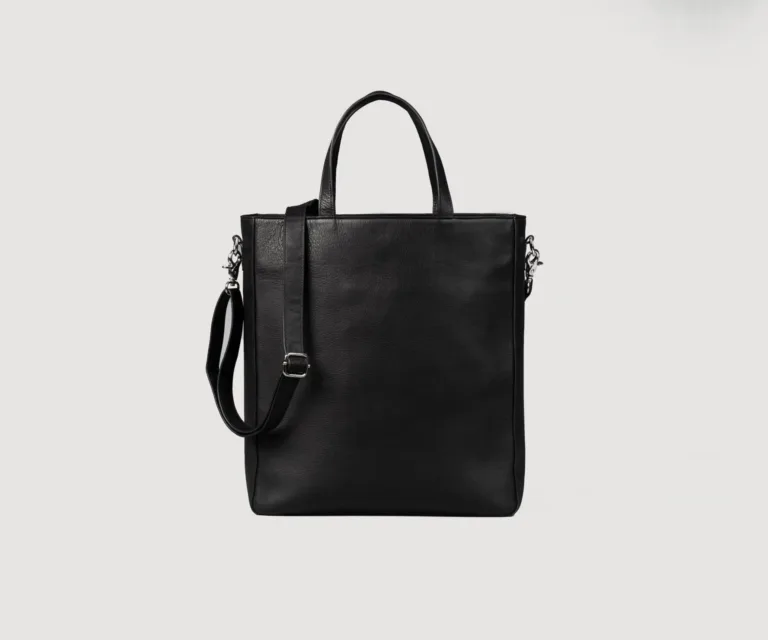 The Poet Black Leather Tote Bag — Rear Profile View