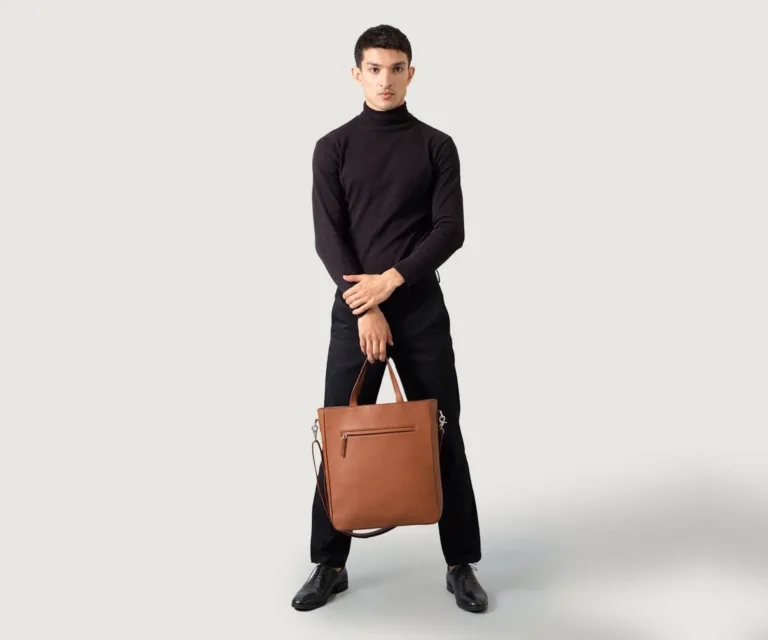 The Poet Brown Leather Tote Bag Luxury Handcrafted Leather Bag — Three-Quarter Perspective & Silhouette