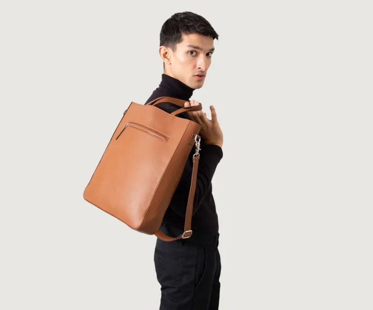 The Poet Brown Leather Tote Bag Luxury Handcrafted Leather Bag — Scale & Carrying Perspective Presentation