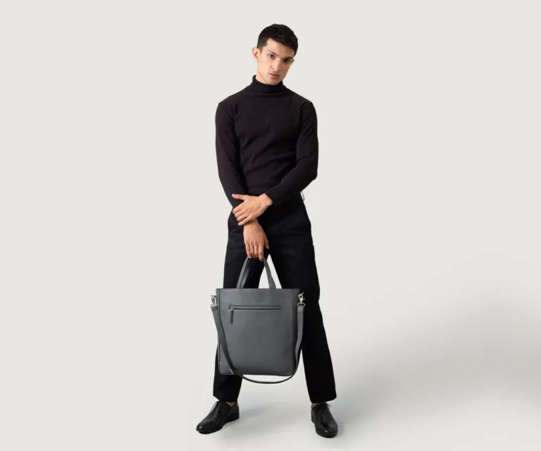The Poet Grey Leather Tote Bag — Quarter Angle Profile Detail