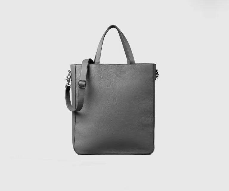 The Poet Grey Leather Tote Bag — Rear Back View & Silhouette