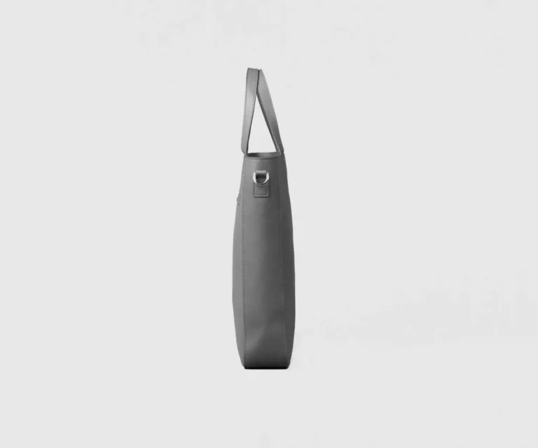The Poet Grey Leather Tote Bag — Macro Detail Grain, Stitching & Hardware