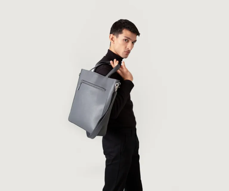 The Poet Grey Leather Tote Bag — Full Editorial Model Presentation