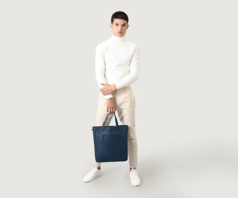 The Poet Midnight Blue Leather Tote Bag — Quarter Angle Profile Detail