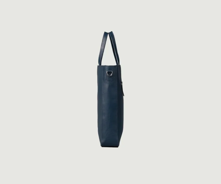 The Poet Midnight Blue Leather Tote Bag — Macro Detail Grain, Stitching & Hardware