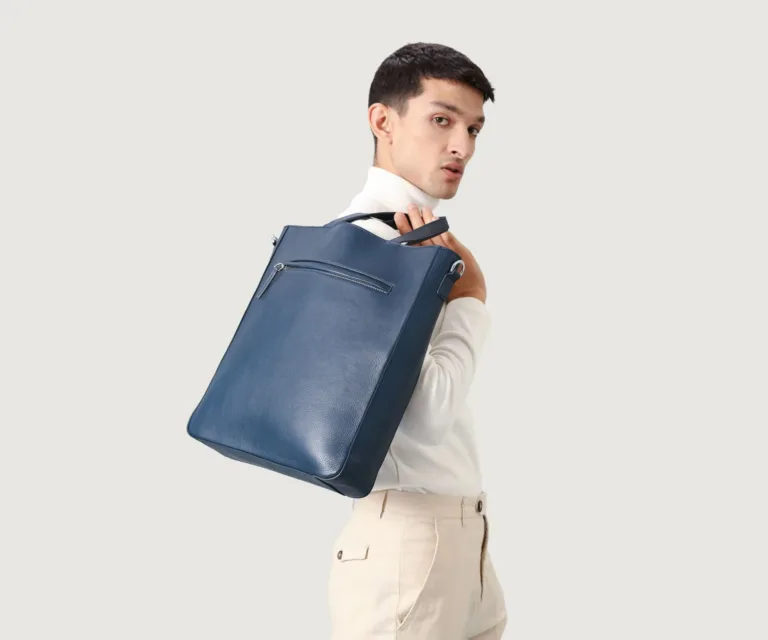 The Poet Midnight Blue Leather Tote Bag — Full Editorial Model Presentation