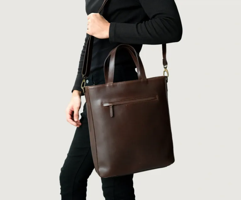 The Poet Vintage Brown Leather Tote Bag Luxury Handcrafted Leather Bag — Rear Profile & Trolley Strap Reinforcement