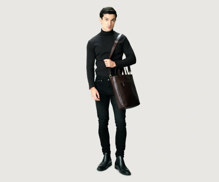 The Poet Vintage Brown Leather Tote Bag Luxury Handcrafted Leather Bag — Scale & Carrying Perspective Presentation