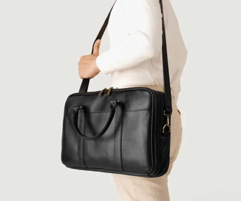 The Preston Black Leather Briefcase Luxury Handcrafted Leather Bag — Three-Quarter Perspective & Silhouette