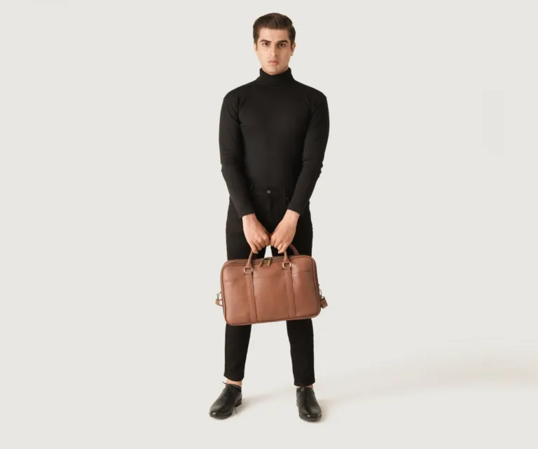 The Preston Brown Leather Briefcase Luxury Handcrafted Leather Bag — Three-Quarter Perspective & Silhouette