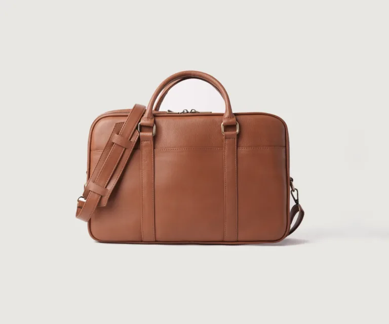 The Preston Brown Leather Briefcase Luxury Handcrafted Leather Bag — Scale & Carrying Perspective Presentation