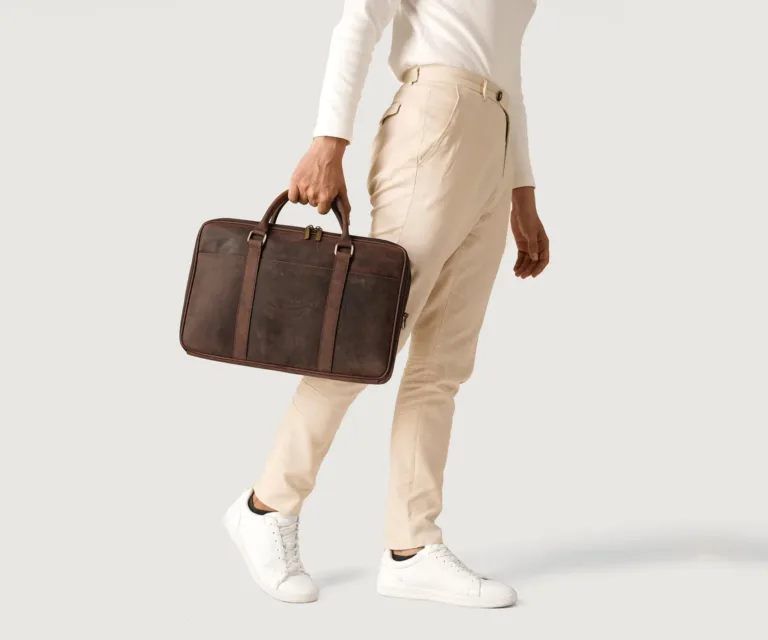 The Preston Vintage Distressed Brown Leather Briefcase Luxury Handcrafted Leather Bag — Three-Quarter Perspective & Silhouette