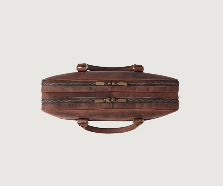 The Preston Vintage Distressed Brown Leather Briefcase Luxury Handcrafted Leather Bag — Rear Profile & Trolley Strap Reinforcement