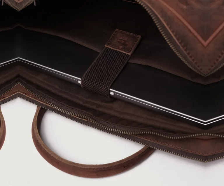 The Preston Vintage Distressed Brown Leather Briefcase Luxury Handcrafted Leather Bag — Scale & Carrying Perspective Presentation