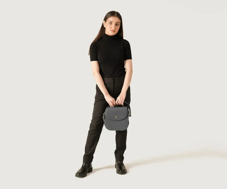 The Sandra Grey Leather Saddle Bag Luxury Handcrafted Women's Bag — Three-Quarter Perspective & Silhouette