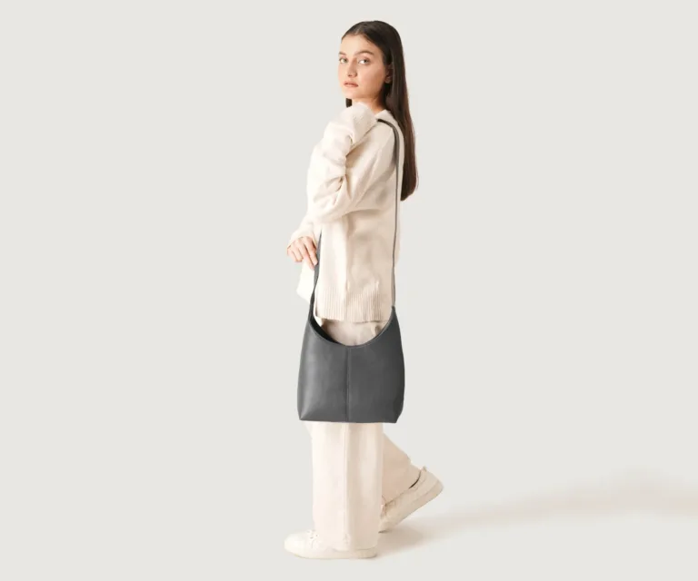 The Stefani Grey Leather Hobo Bag Luxury Handcrafted Women's Bag — Three-Quarter Perspective & Silhouette