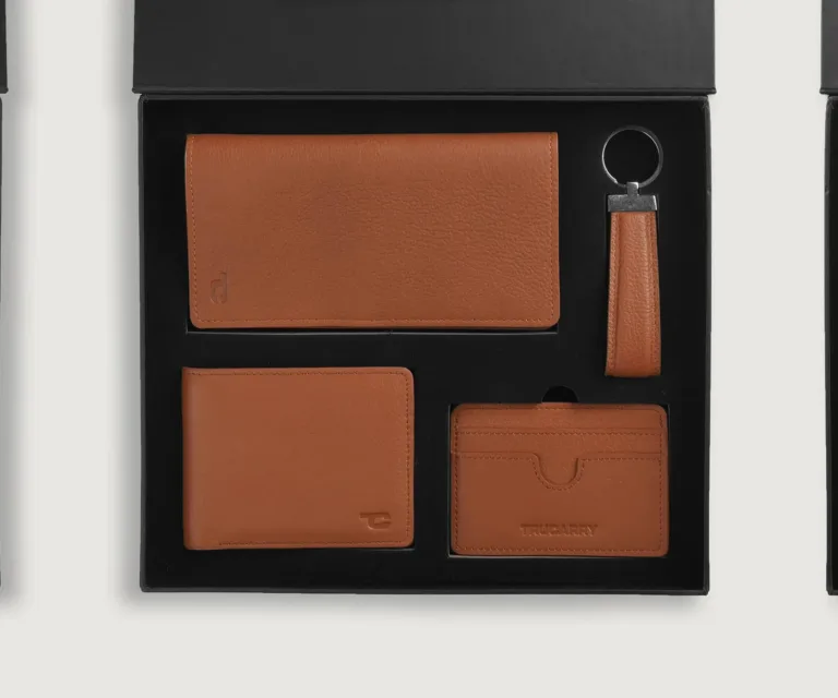 Timeless Taylen Brown Leather Gift Set — Quarter Angle Perspective