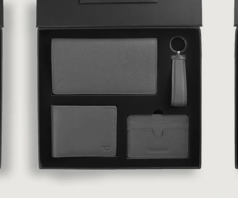 Timeless Taylen Grey Leather Gift Set — Quarter Angle Perspective