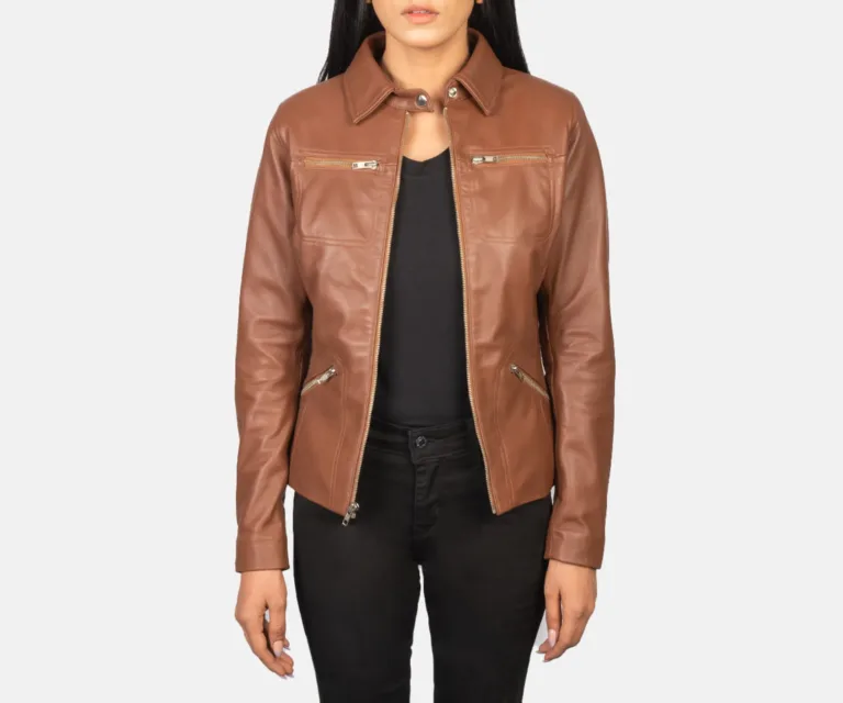 Tomachi Brown Leather Jacket Luxury Women's Biker Jacket — Front Silhouette Hero Presentation