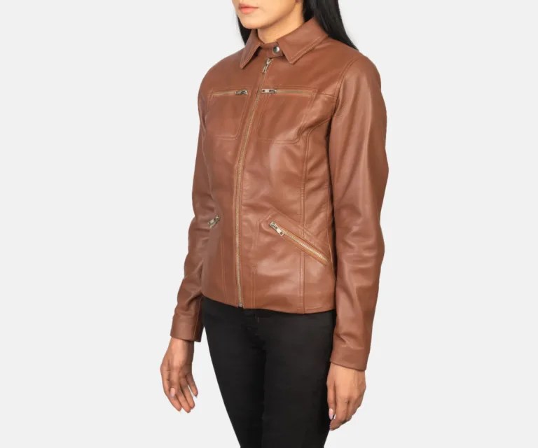 Tomachi Brown Leather Jacket Luxury Women's Biker Jacket — Three-Quarter Editorial Perspective