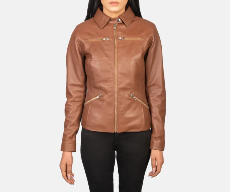 Tomachi Brown Leather Jacket Luxury Women's Biker Jacket — Rear Profile & Tailored Seaming
