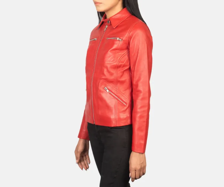 Tomachi Red Leather Jacket Luxury Women's Biker Jacket — Three-Quarter Editorial Perspective