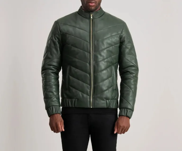 Travis Green Leather Puffer Jacket — Front Collar / Hood & Baffle Detail