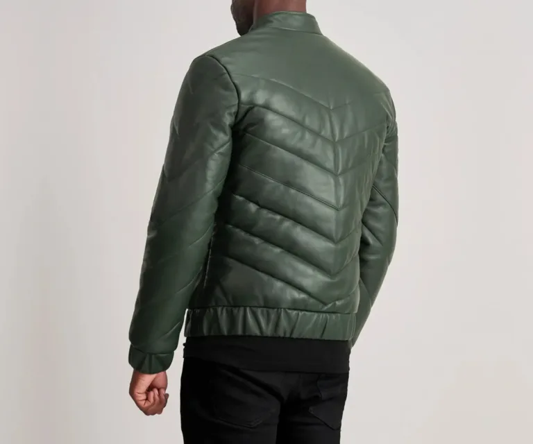 Travis Green Leather Puffer Jacket — Rear Back View & Quilted Hemline