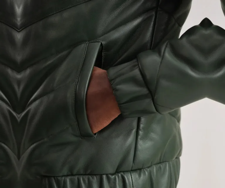 Travis Green Leather Puffer Jacket — Macro Detail Leather Grain, Baffles & Hardware