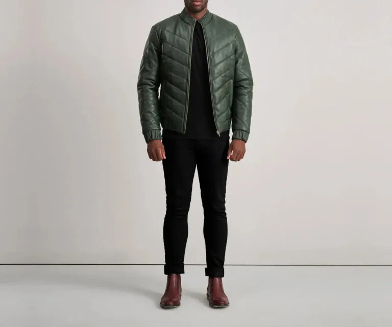 Travis Green Leather Puffer Jacket — Full-Length Model Editorial Presentation