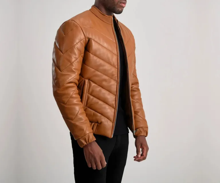 Travis Tan Leather Puffer Jacket — Quarter Angle Profile & Contoured Sleeve Detail