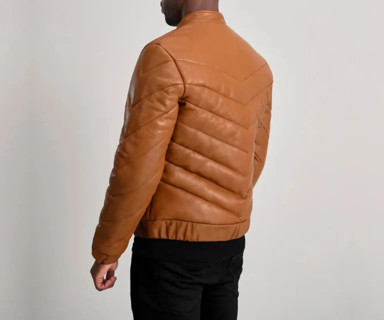 Travis Tan Leather Puffer Jacket — Rear Back View & Quilted Hemline