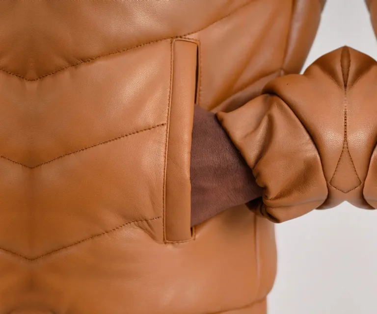 Travis Tan Leather Puffer Jacket — Macro Detail Leather Grain, Baffles & Hardware
