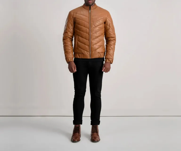Travis Tan Leather Puffer Jacket — Full-Length Model Editorial Presentation