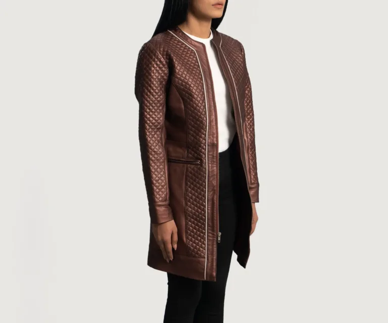 Trudy Lane Quilted Maroon Leather Coat Luxury Women's Outerwear — Three-Quarter Editorial Perspective